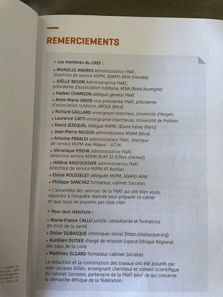 Remerciements du Cahier FNAT sur la réflexion éthique
